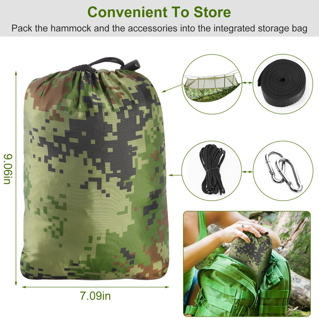 Camouflage hammock storage bag with rolled straps and metal carabiners.