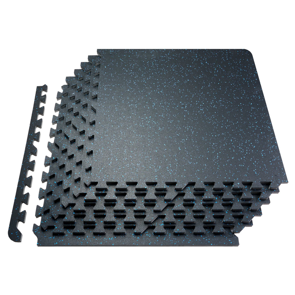 Dark gray interlocking gym floor mat tiles with textured rubber surface