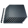 Dark gray interlocking gym floor mat tiles with textured rubber surface