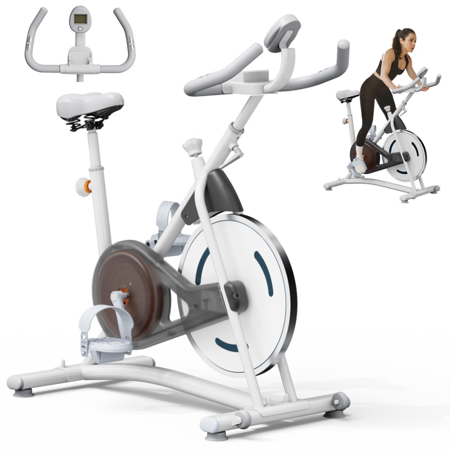 Indoor magnetic spin bike, angled view showing handlebars, seat, pedals, and flywheel