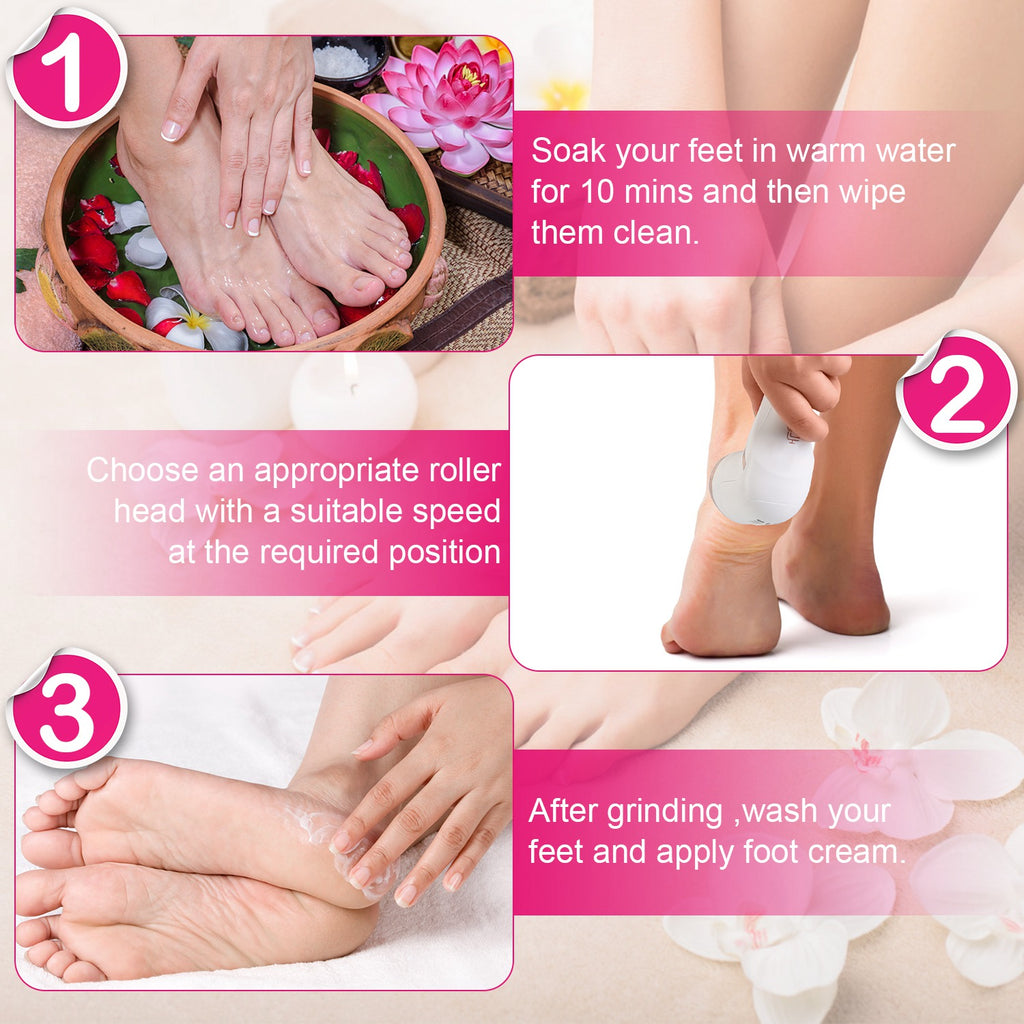 Electric foot care steps showing use of a white foot roller and smoothing after