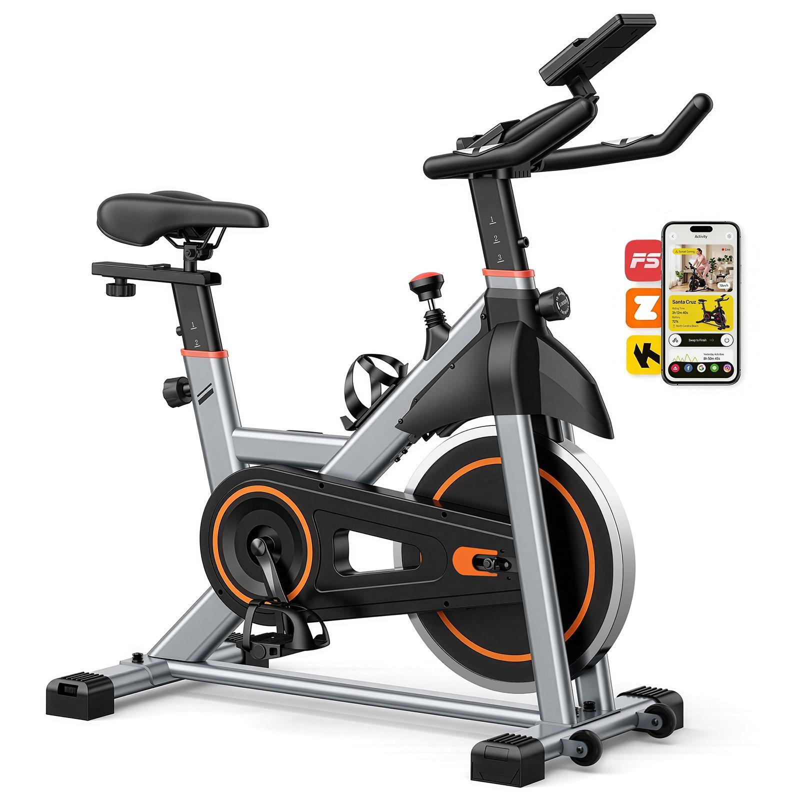 Upright fitness bike with LCD display, adjustable seat and handlebars, orange accents