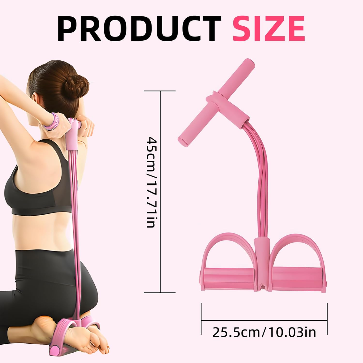 Pink pedal resistance band with padded footrests and vertical size outline