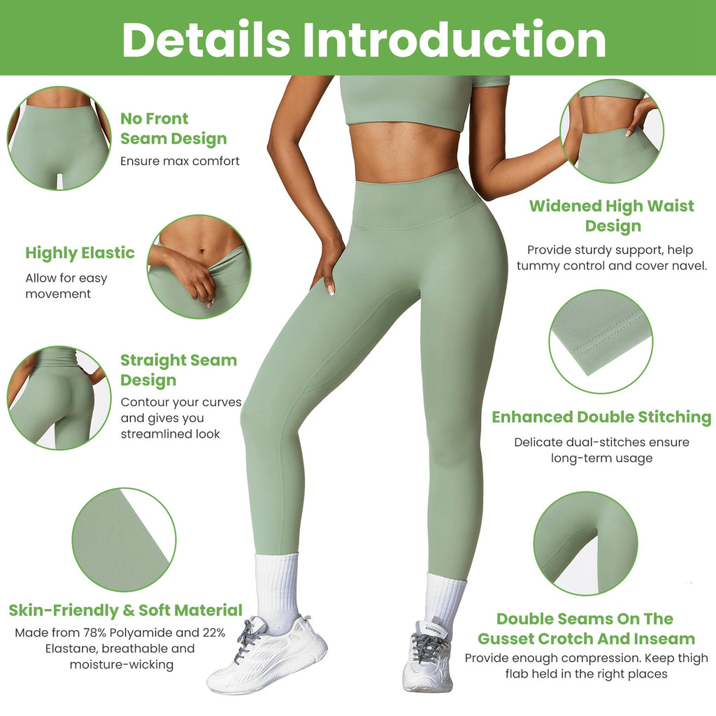 High-waist workout leggings in sage green with seamless look and reinforced seam areas