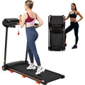 Black folding treadmill with side handrails and front control panel